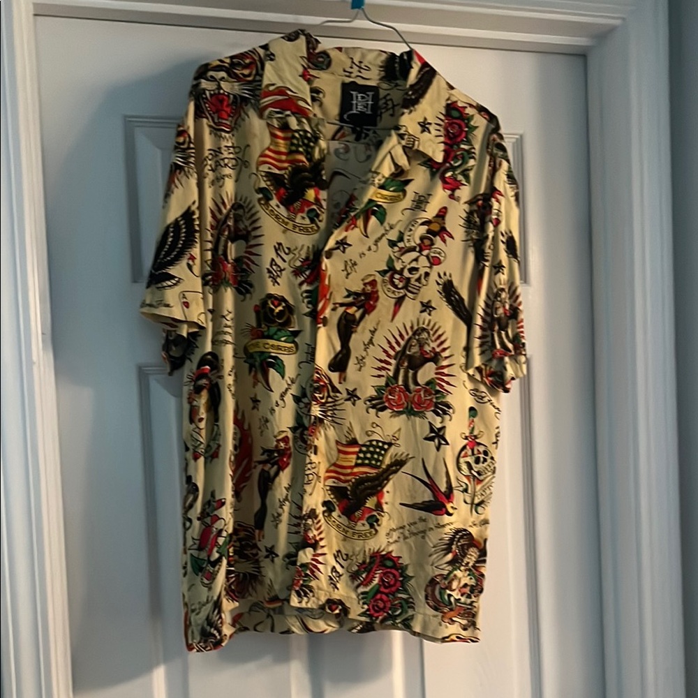 Ed Hardy Cream and Red Casual Button Down Shirt